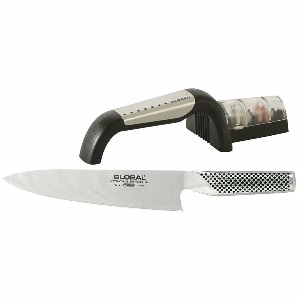 Global Cooks Knife and Sharpener Set - 20cm 1 Global Cooks Knife and Sharpener Set - 20cm
