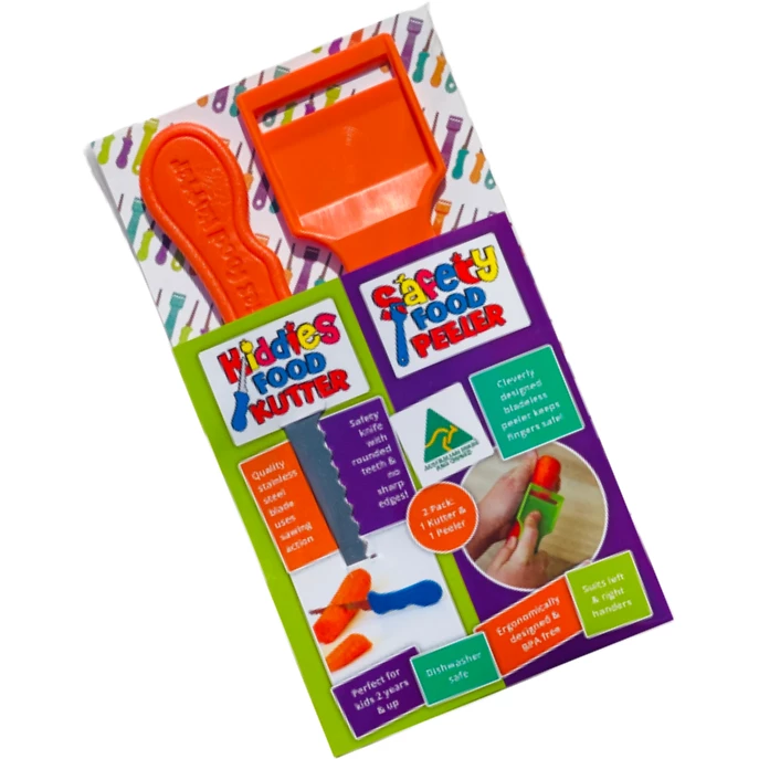Safety Food Kutter Kiddies Food Kutter and Safety Food Peeler Twin Pack Orange 1 Safety Food Kutter Kiddies Food Kutter and Safety Food Peeler Twin Pack Orange